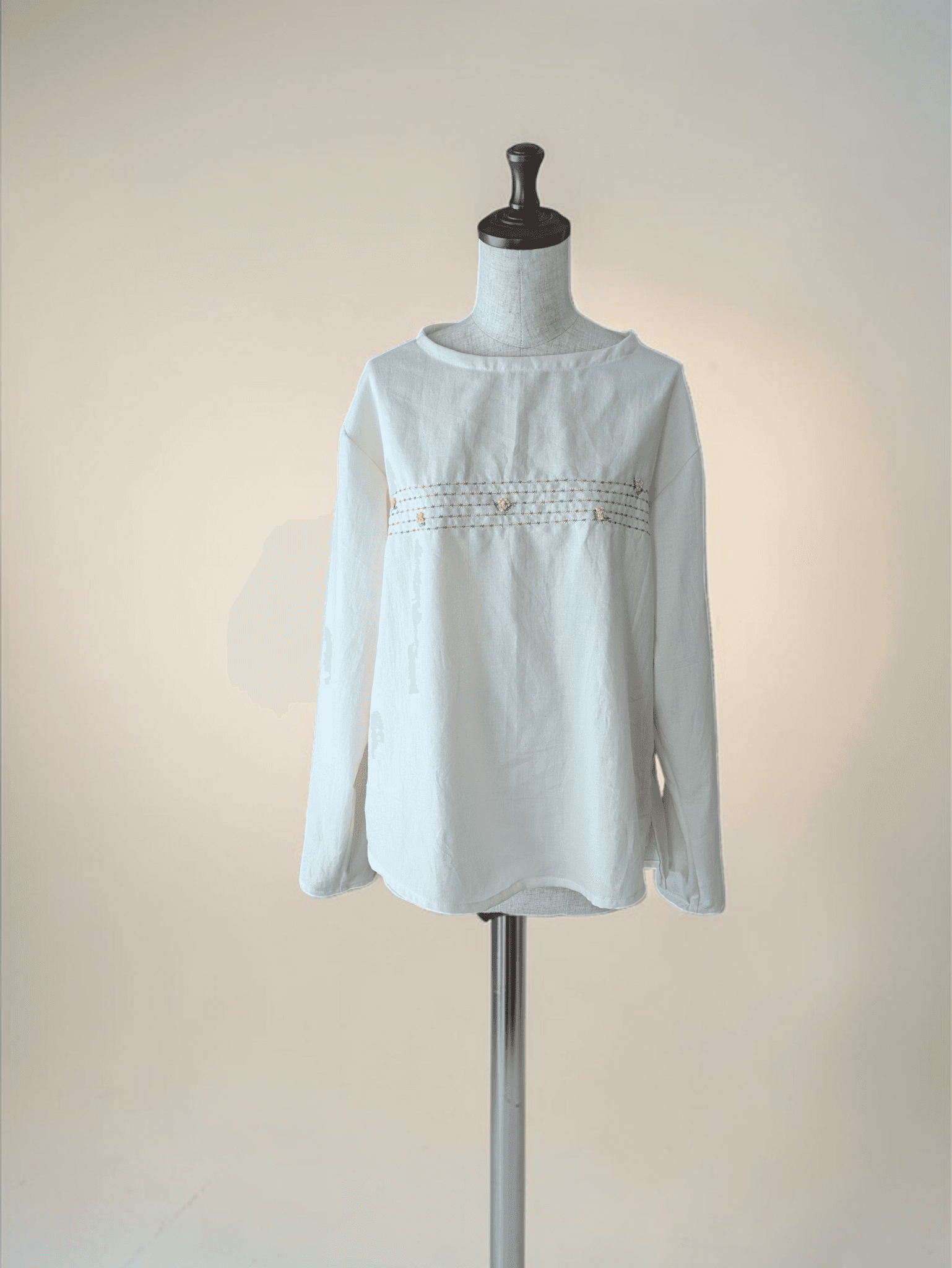 【一点物】【五線紙にミモザ】【袖丈調節可能】やわらか〜オーガニックコットンビエラ〜レディース〜フリーサイズ〜長袖ブラウス