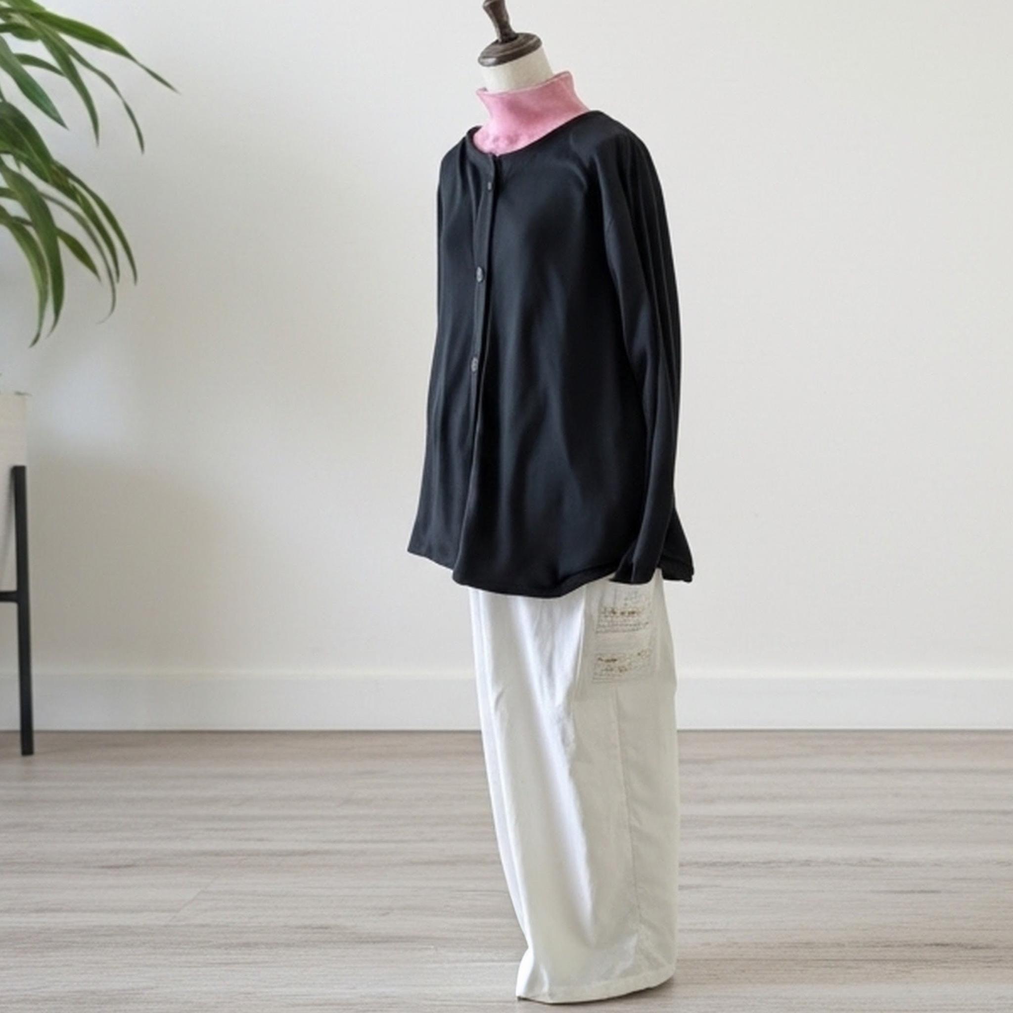 【一点物】◆サイドポケットに五線紙のミモザ◆柔らかなオーガニック綿ビエラワイドパンツ（裾幅28cm）・ウエスト丈調節可能 | 4枚目