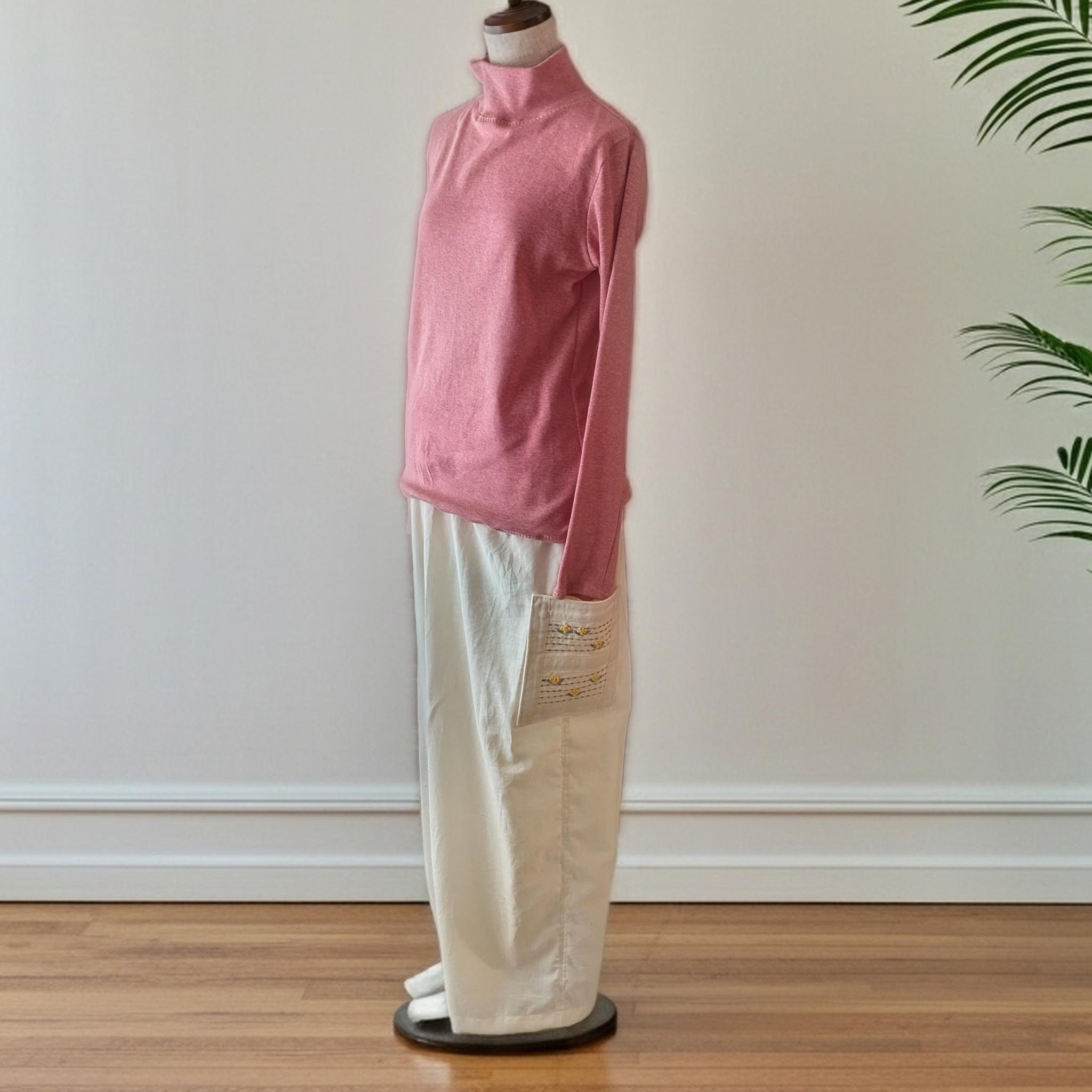 【一点物】◆サイドポケットに五線紙のミモザ◆柔らかなオーガニック綿ビエラワイドパンツ（裾幅28cm）・ウエスト丈調節可能 | 5枚目