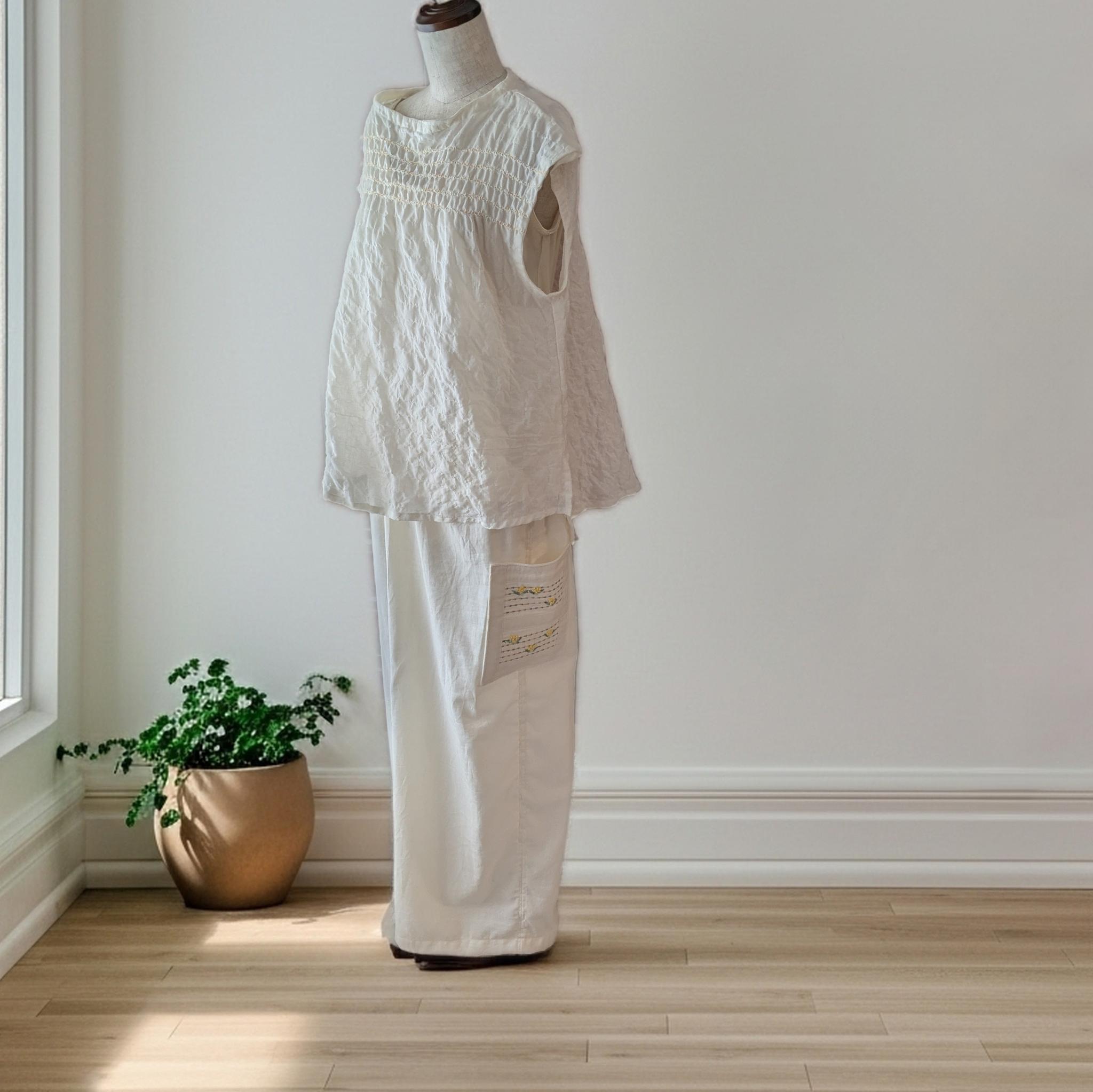 【一点物】◆サイドポケットに五線紙のミモザ◆柔らかなオーガニック綿ビエラワイドパンツ（裾幅28cm）・ウエスト丈調節可能 | 6枚目