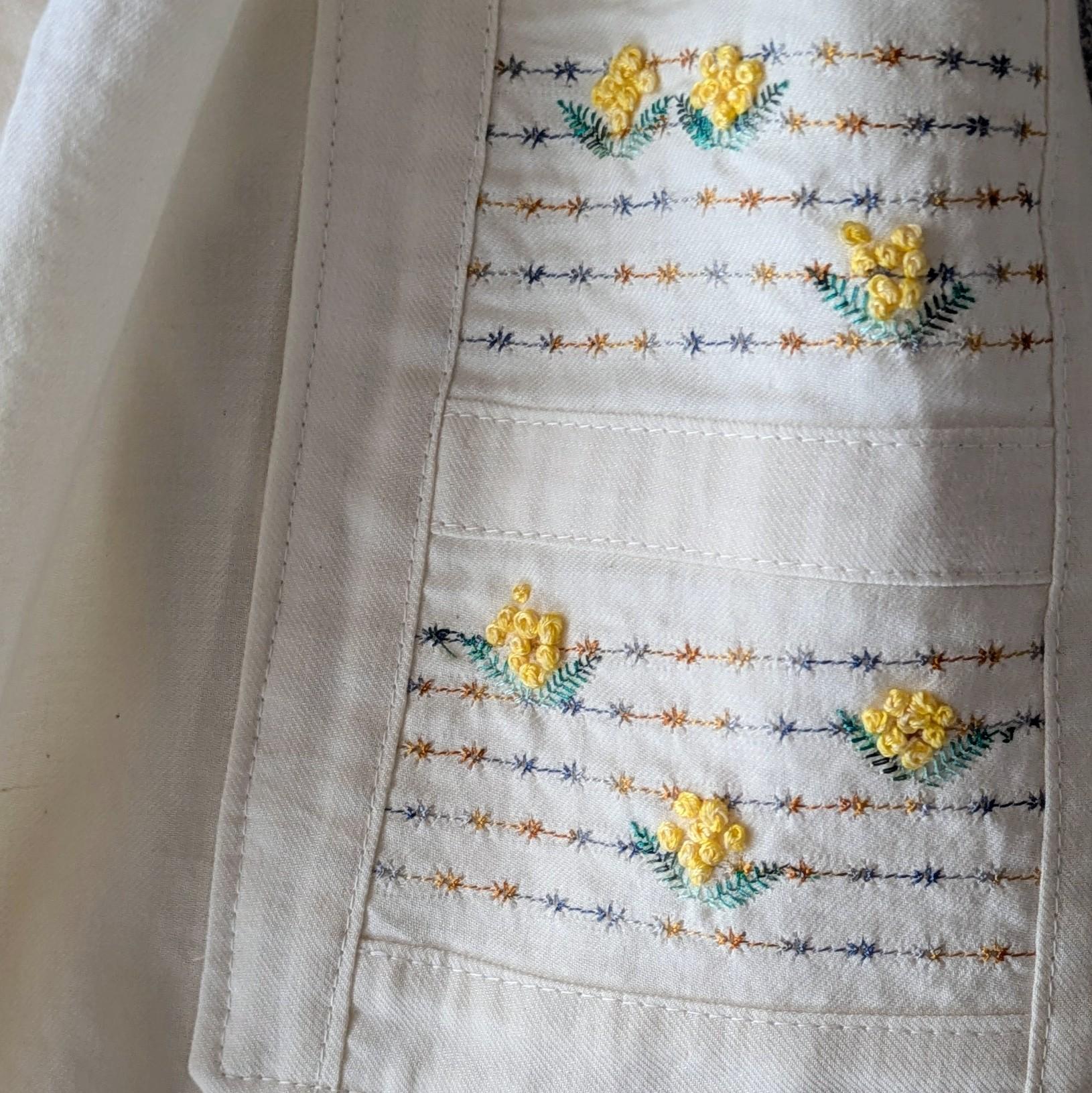 【一点物】◆サイドポケットに五線紙のミモザ◆柔らかなオーガニック綿ビエラワイドパンツ（裾幅28cm）・ウエスト丈調節可能 | 7枚目