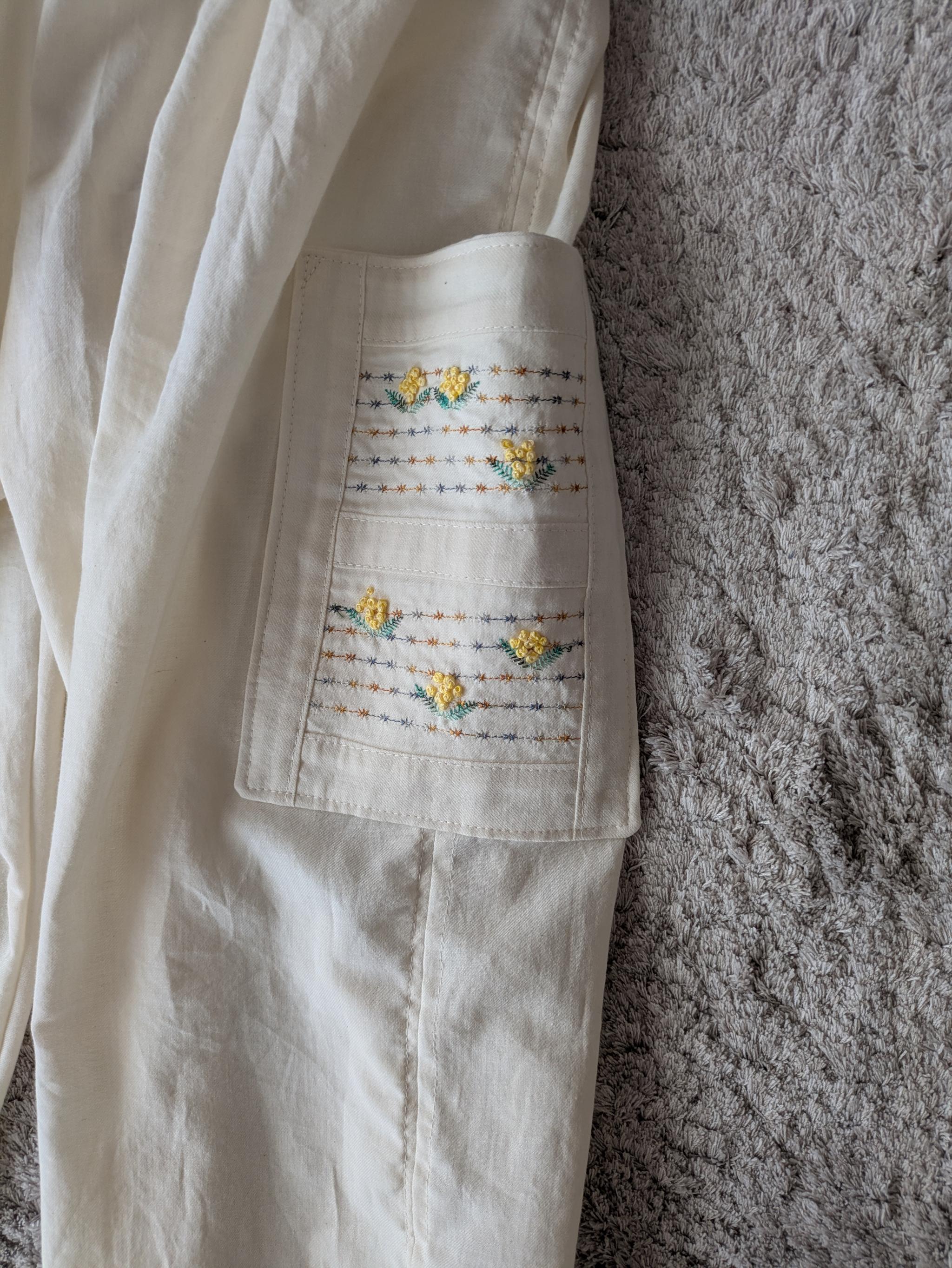 【一点物】◆サイドポケットに五線紙のミモザ◆柔らかなオーガニック綿ビエラワイドパンツ（裾幅28cm）・ウエスト丈調節可能 | 9枚目