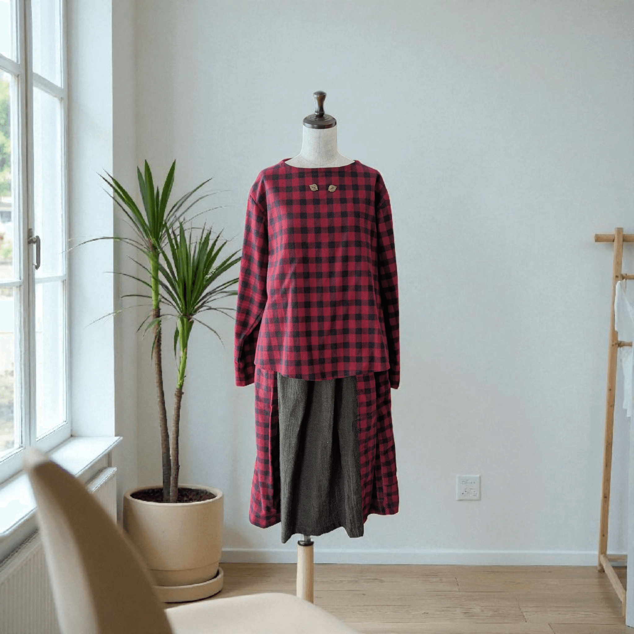 【ゆったり♥あったか～セット】フランネルブラウス＆フランネル・リネンウールのパッチワークスカート