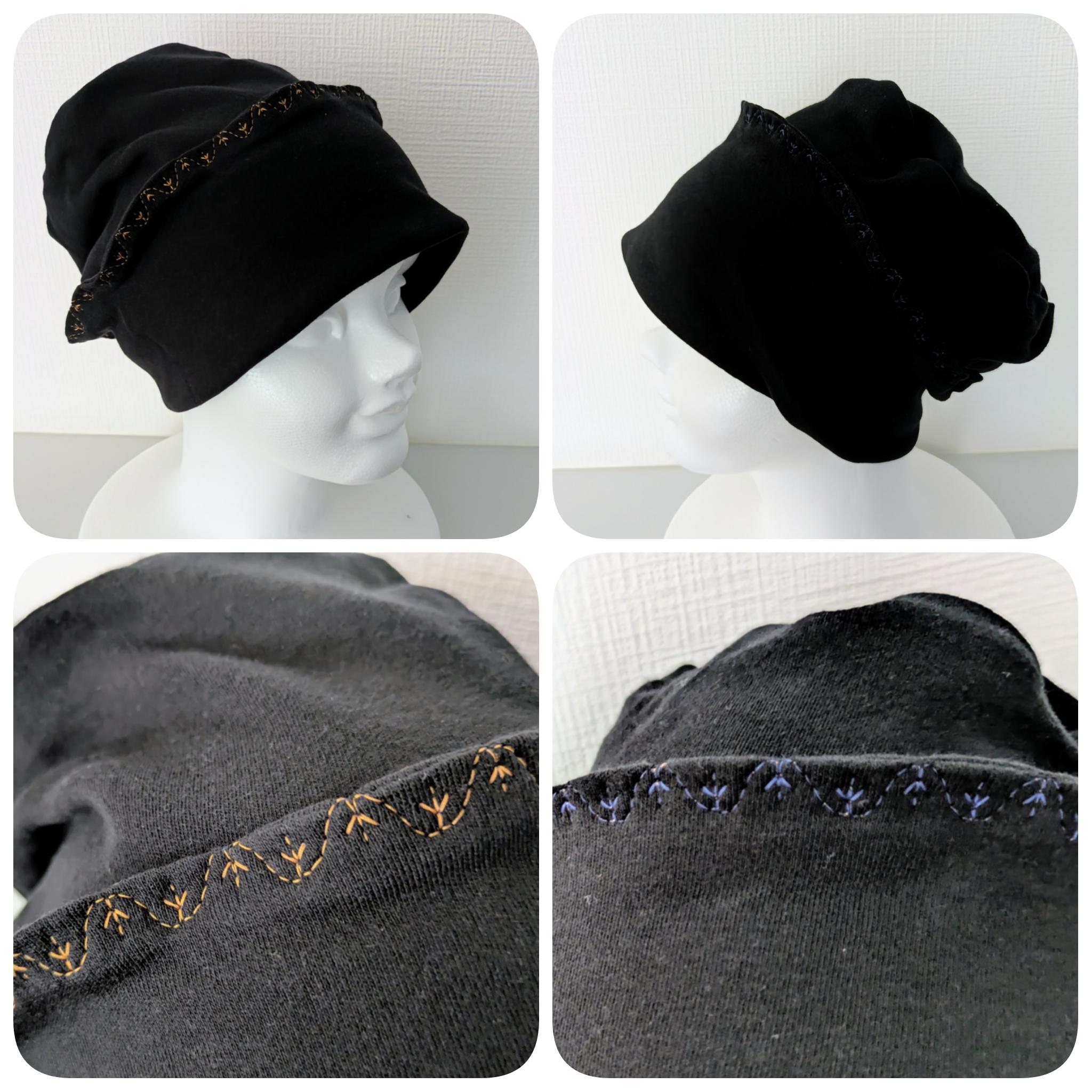 かぶり方いろいろ♫やわらかであったか〜ミシンステッチがポイント♡オーガニックコットンのリバーシブルニット帽〜黒