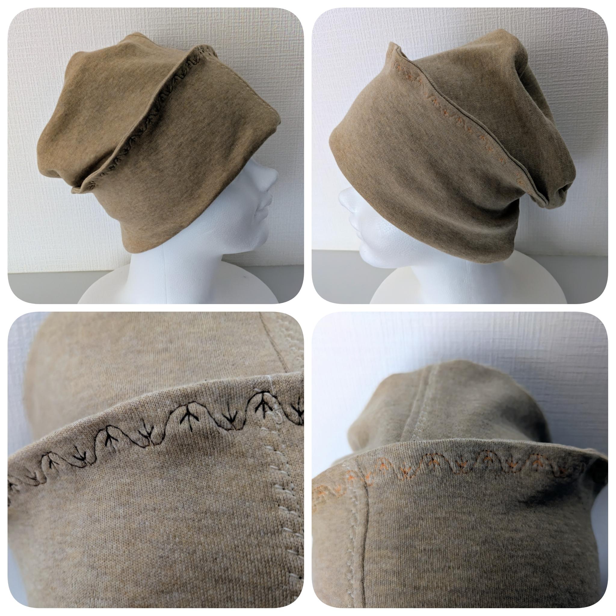 かぶり方いろいろ♫やわらかであったか〜ミシンステッチがポイント♡オーガニックコットンのリバーシブルニット帽〜ベージュ