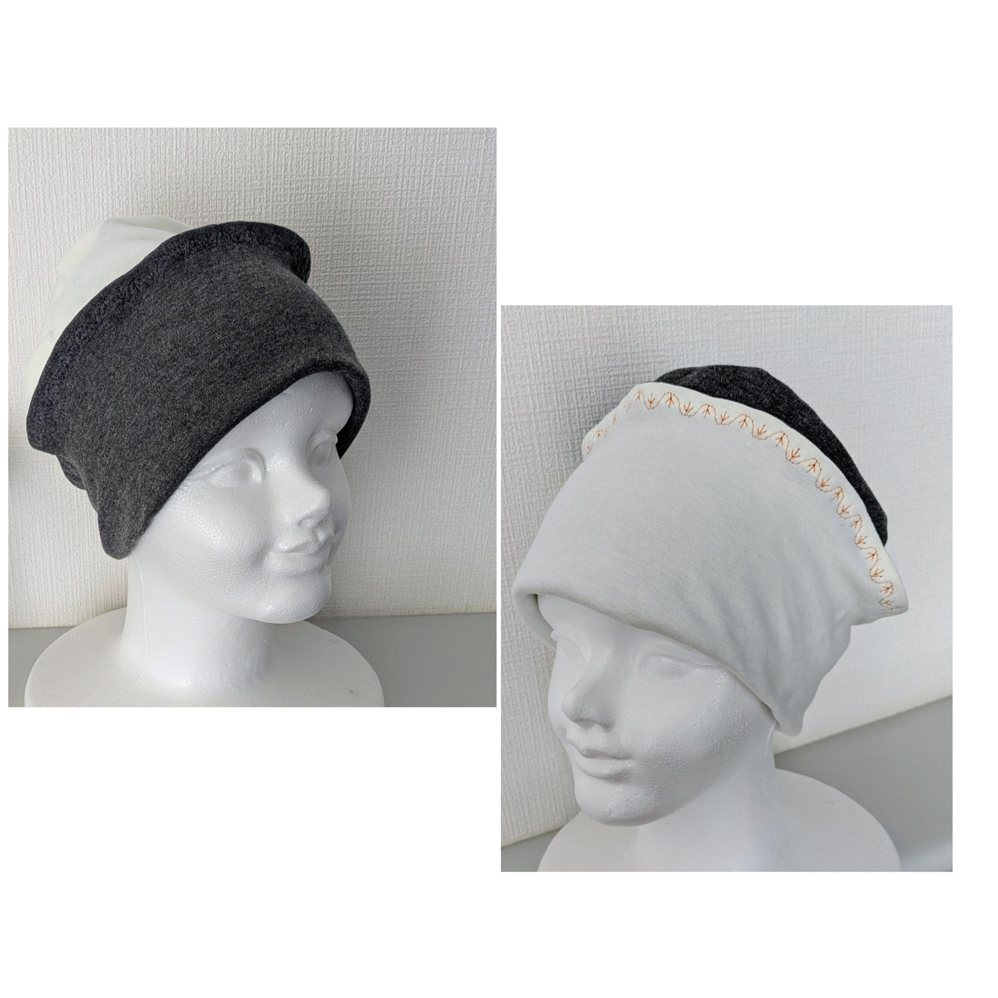 かぶり方いろいろ♫やわらかであったか〜ミシンステッチがポイント♡オーガニックコットンリバーシブルニット帽〜生成り＆グレー